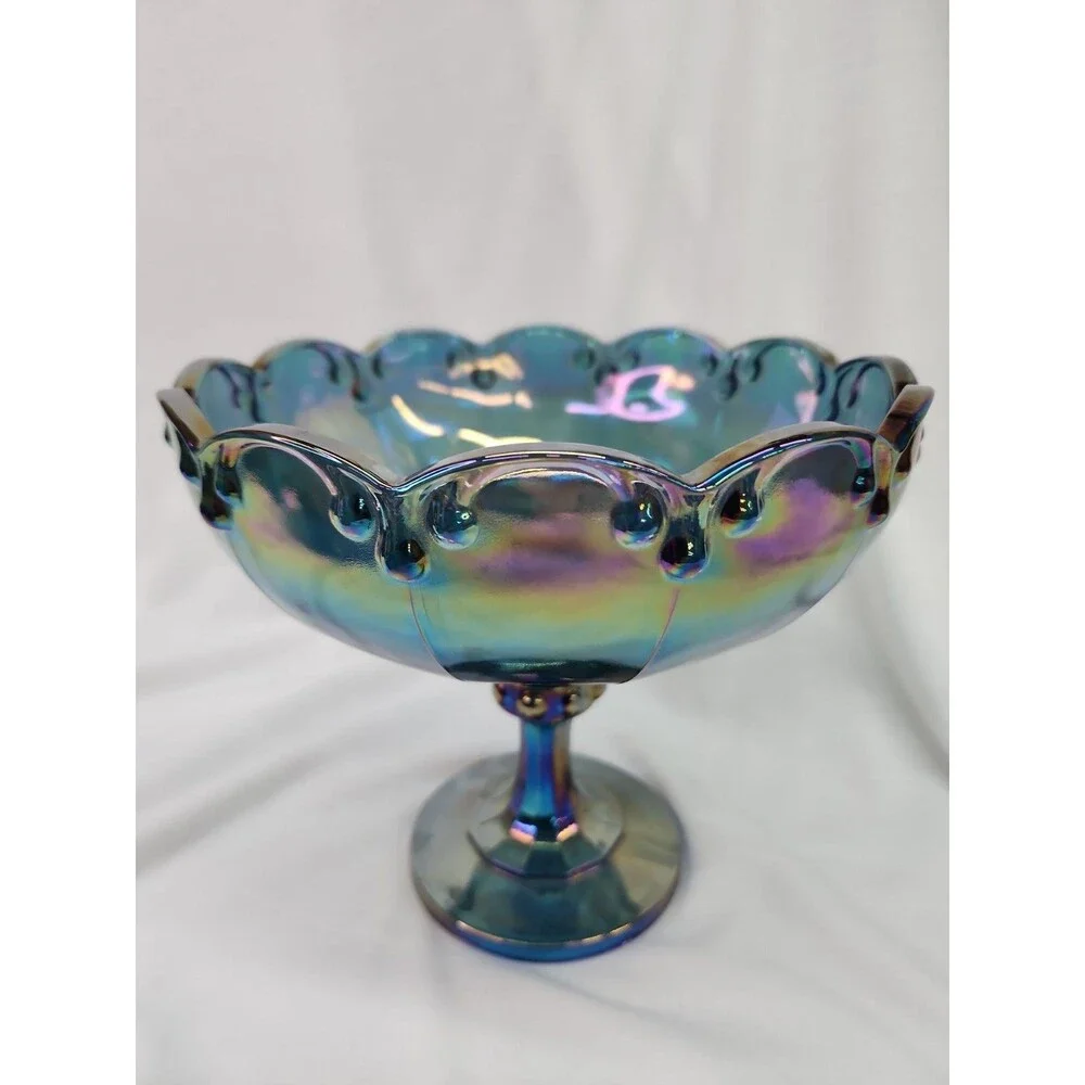 Indiana Glass 'Garland' Blue Carnival Glass Footed Compote Vintage VG Condition